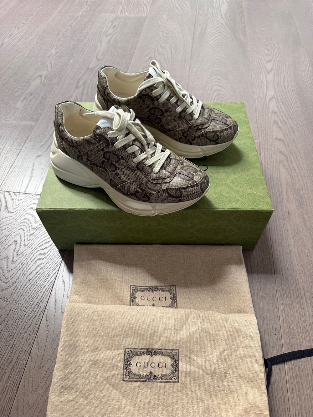 Authentic Gucci Rhyton GG 100 Brown & Ivory GG Canvas Women's Sneakers size 37.5